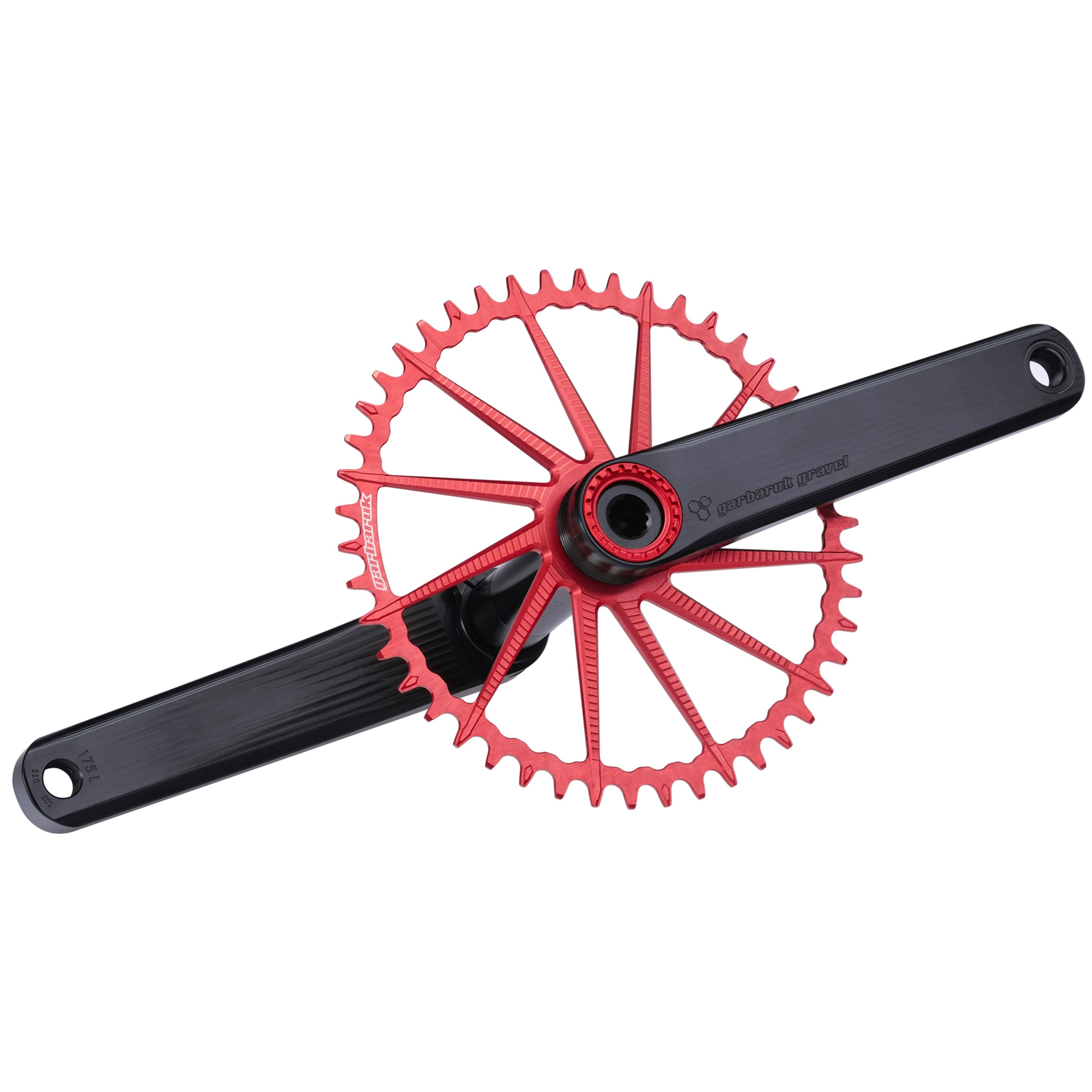 Garbaruk road/gravel crankset in black with a red Garbaruk chainring, demonstrating precise construction and sleek profile