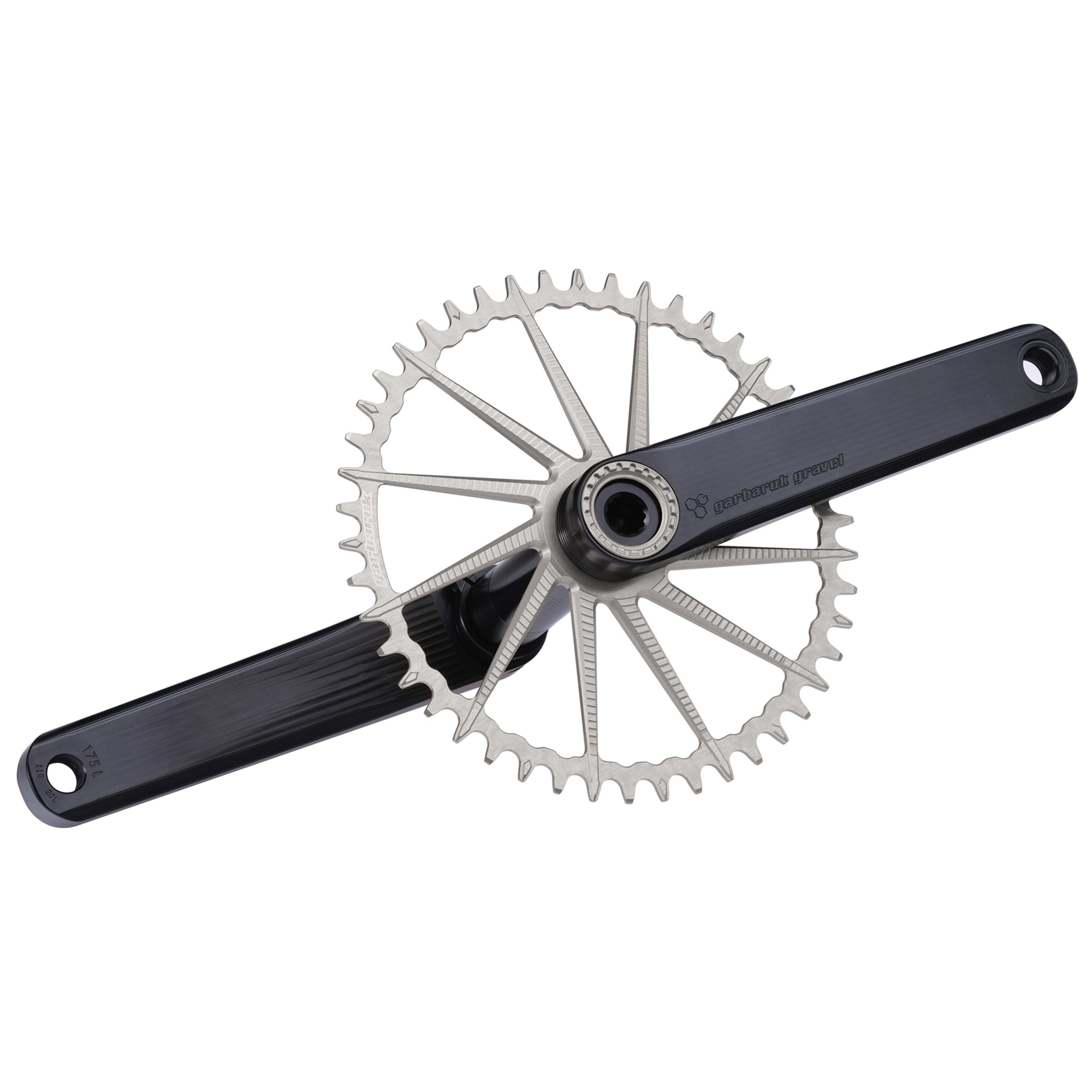 Garbaruk road/gravel crankset in black with a silver Garbaruk chainring, demonstrating precise construction and sleek profile