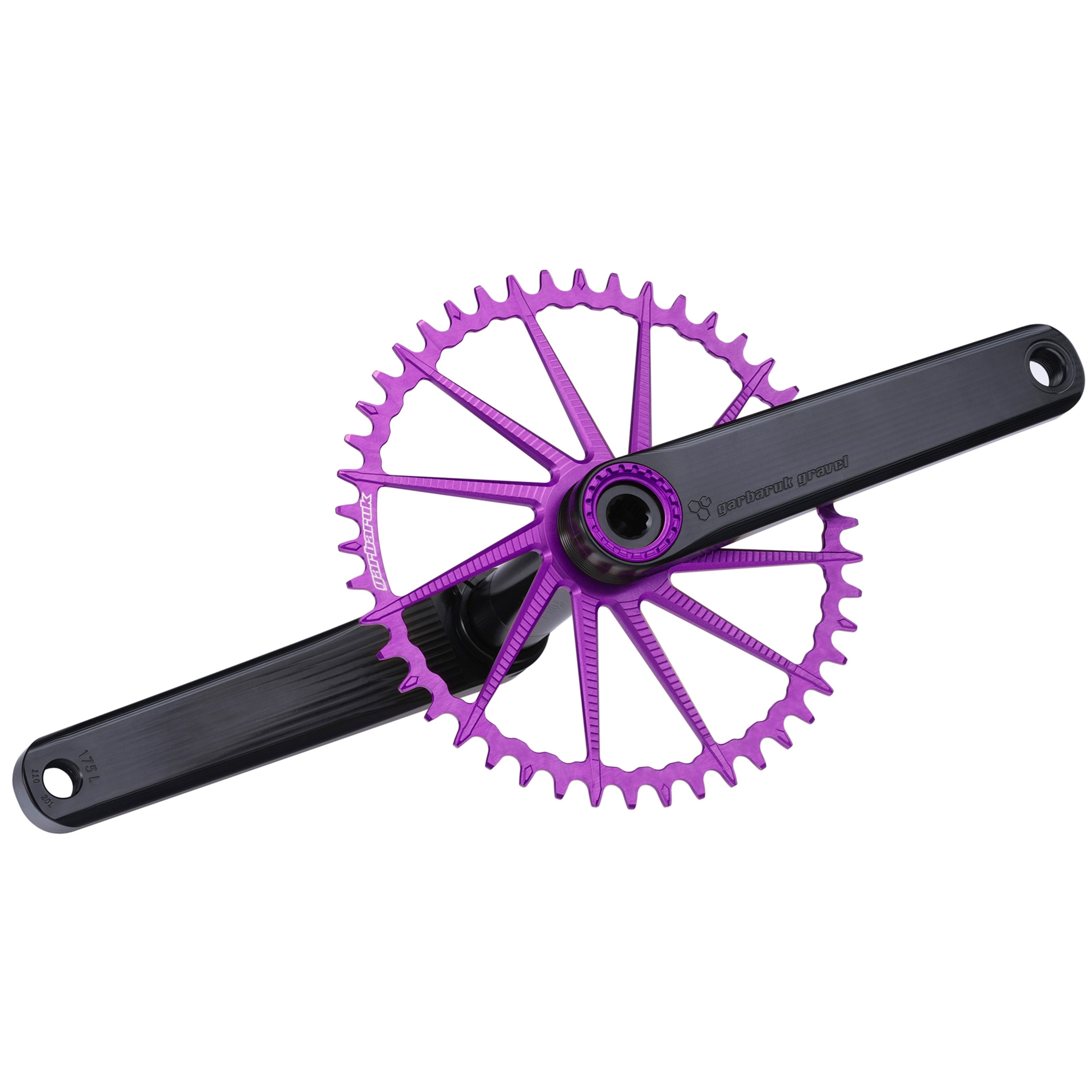 Garbaruk road/gravel crankset in black with a violet Garbaruk chainring, demonstrating precise construction and sleek profile
