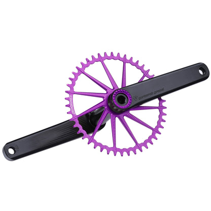 Garbaruk road/gravel crankset in black with a violet Garbaruk chainring, demonstrating precise construction and sleek profile