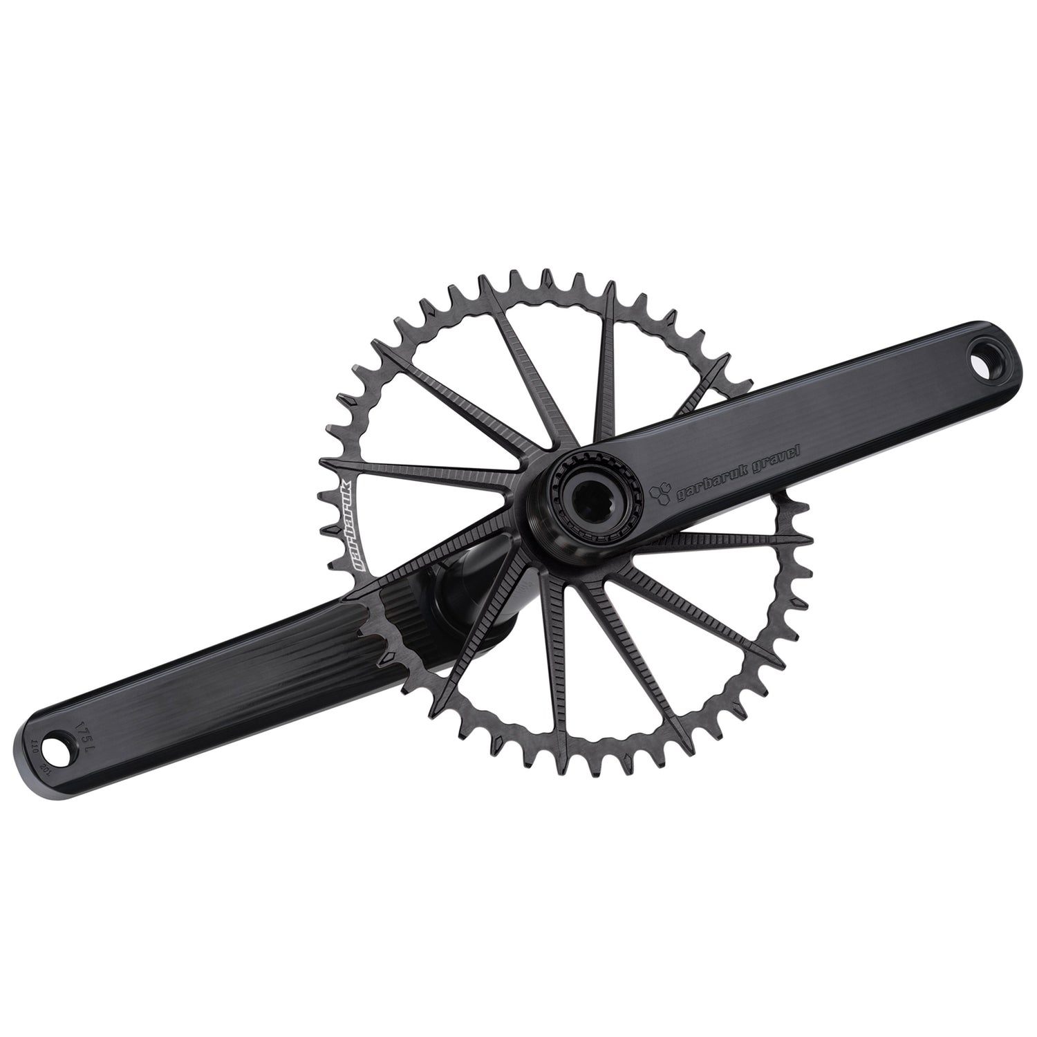 Garbaruk road/gravel crankset in black with a black Garbaruk chainring, demonstrating precise construction and sleek profile