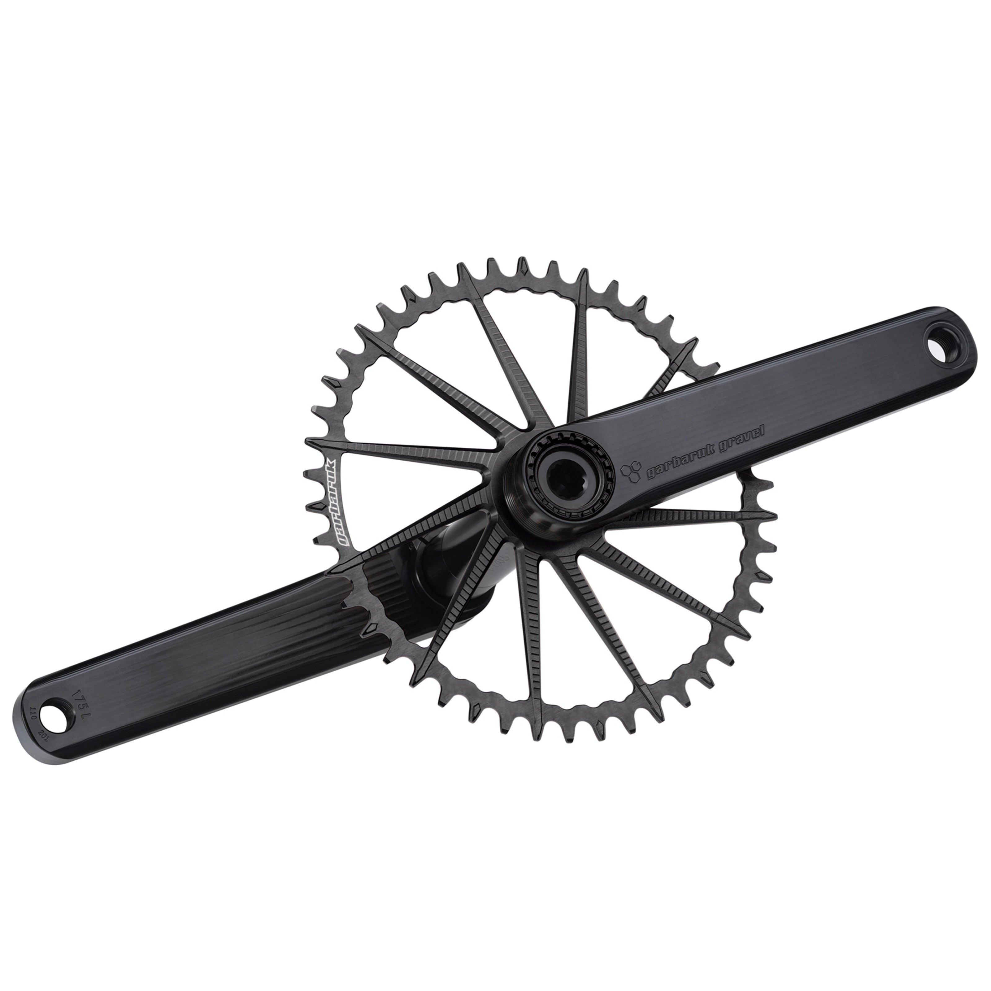 Garbaruk road/gravel crankset in black with a black Garbaruk chainring, demonstrating precise construction and sleek profile