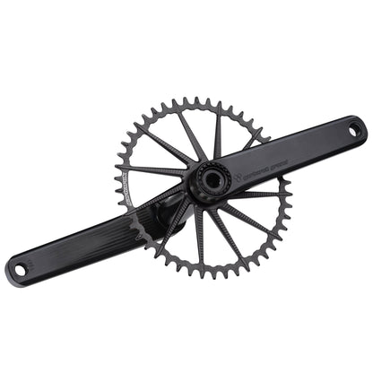 Garbaruk road/gravel crankset in black with a black Garbaruk chainring, demonstrating precise construction and sleek profile