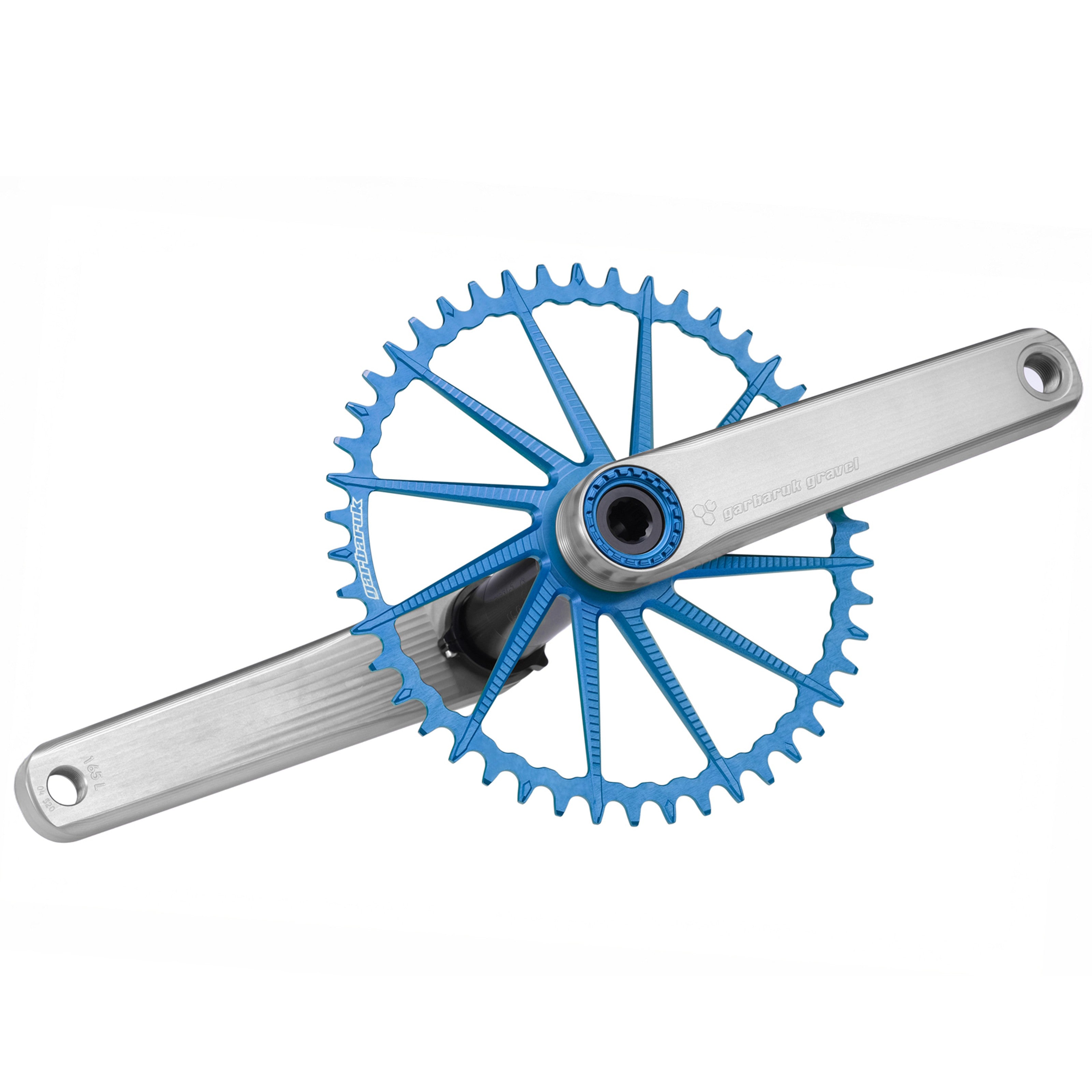 Garbaruk road/gravel crankset in silver with a blue Garbaruk chainring installed, showcasing CNC-machined design and precise, beautiful aesthetics
