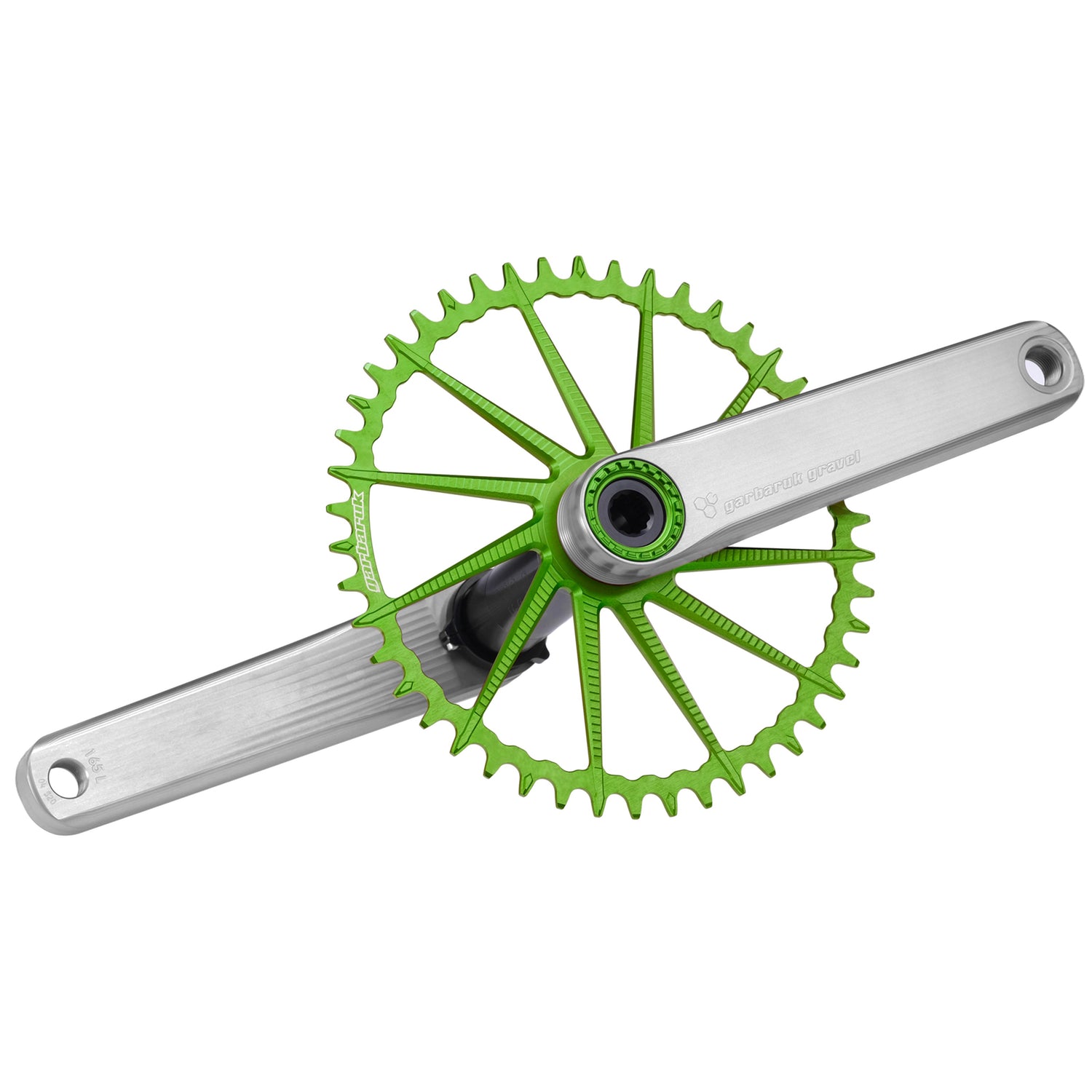 Garbaruk road/gravel crankset in silver with a green Garbaruk chainring installed, showcasing CNC-machined design and precise, beautiful aesthetics