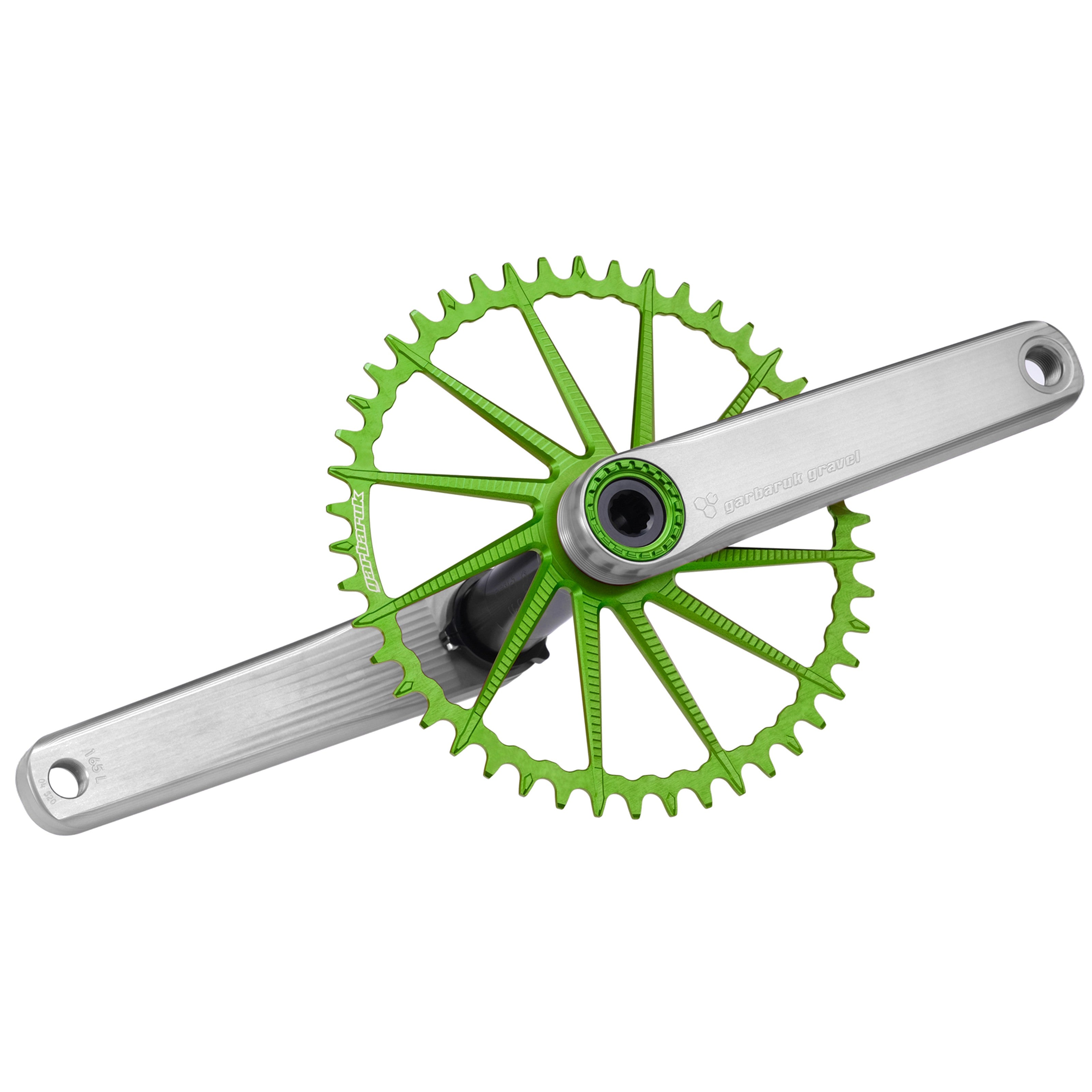 Garbaruk road/gravel crankset in silver with a green Garbaruk chainring installed, showcasing CNC-machined design and precise, beautiful aesthetics