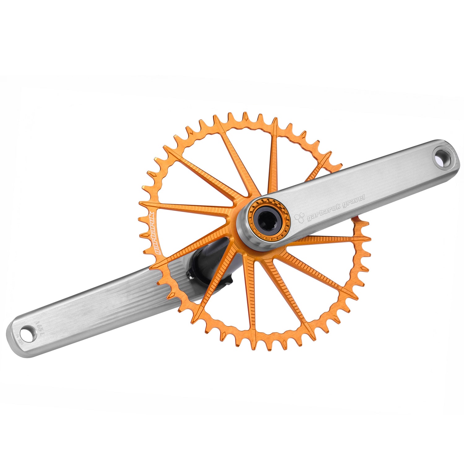 Garbaruk road/gravel crankset in silver with an orange Garbaruk chainring installed, showcasing CNC-machined design and precise, beautiful aesthetics