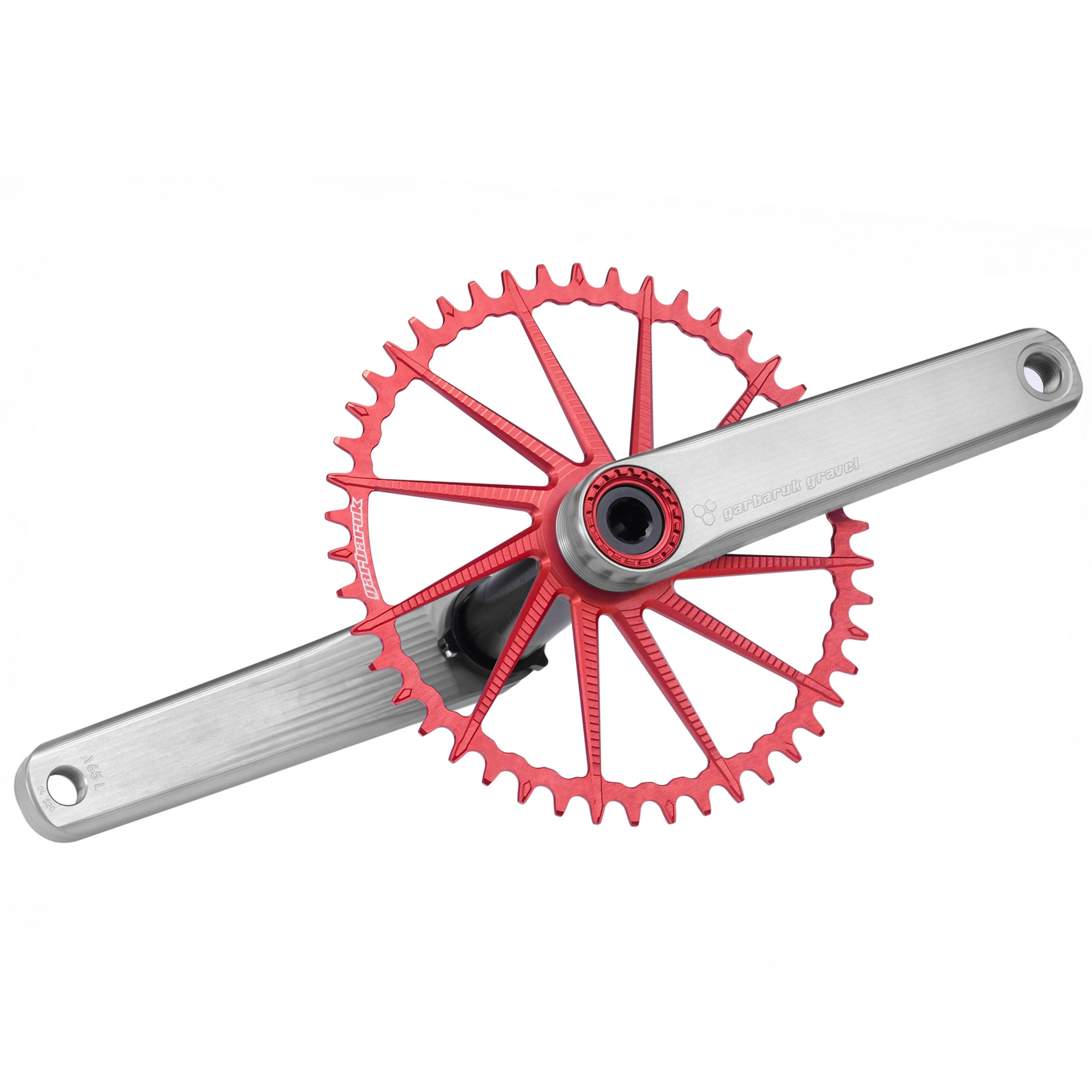 Garbaruk road/gravel crankset in silver with a red Garbaruk chainring installed, showcasing CNC-machined design and precise, beautiful aesthetics