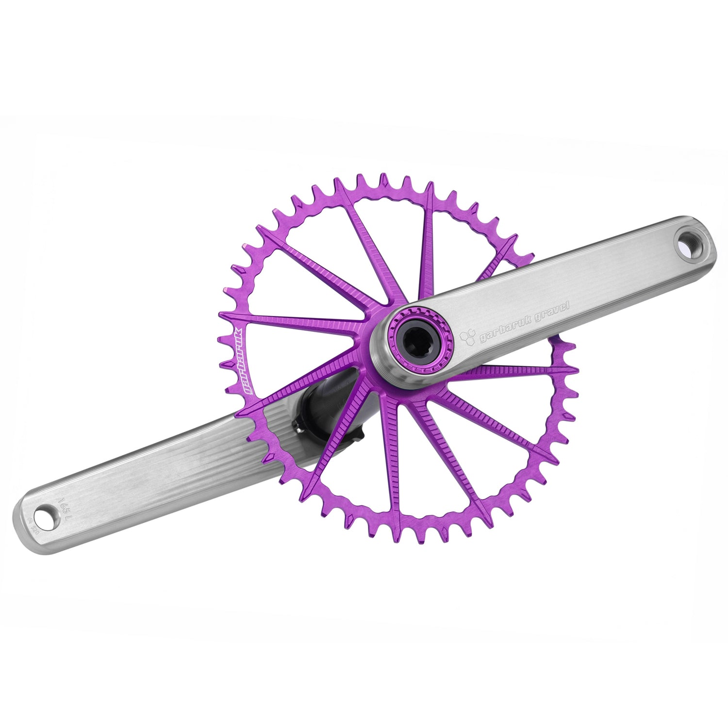 Garbaruk road/gravel crankset in silver with a violet Garbaruk chainring installed, showcasing CNC-machined design and precise, beautiful aesthetics