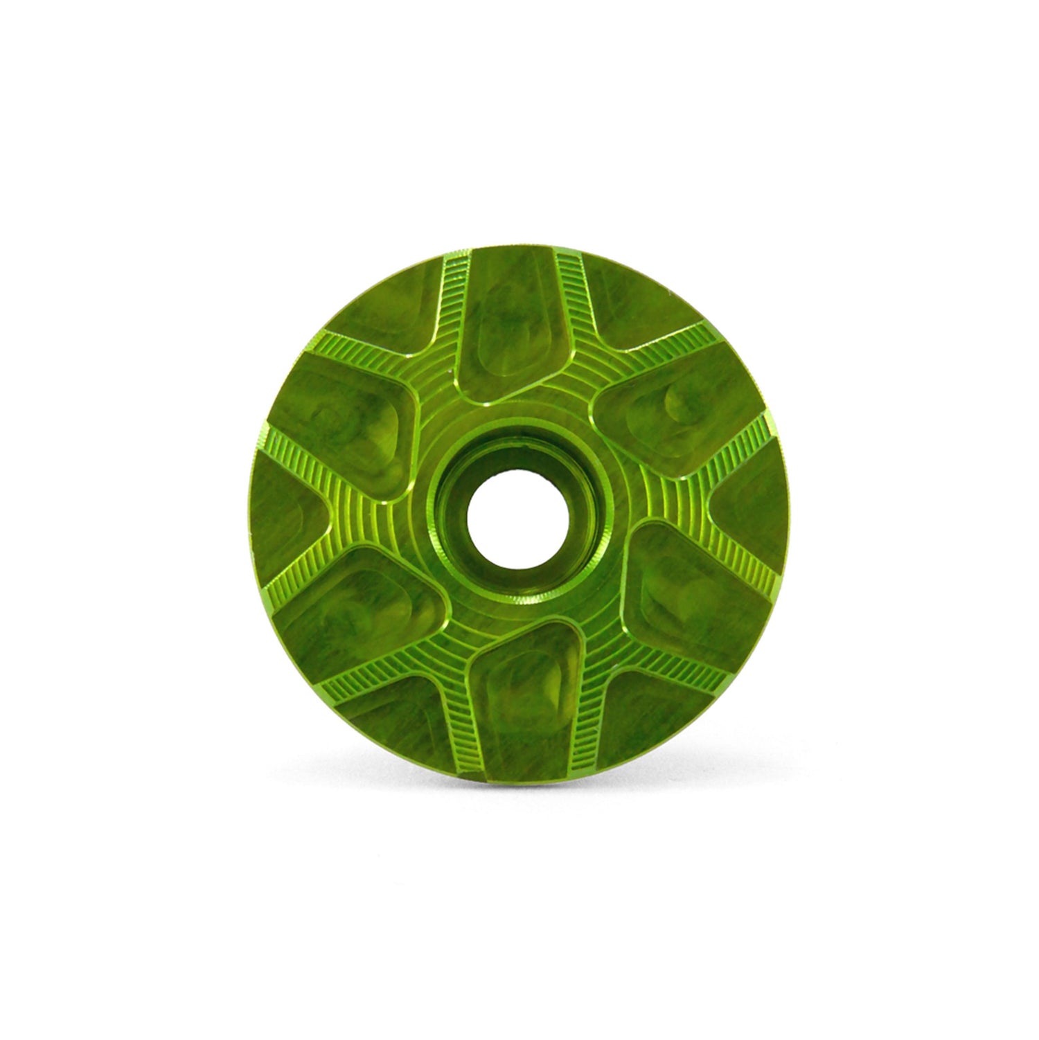 Garbaruk stem cap in green, showcasing CNC-machined detailing and precision-engineered finish
