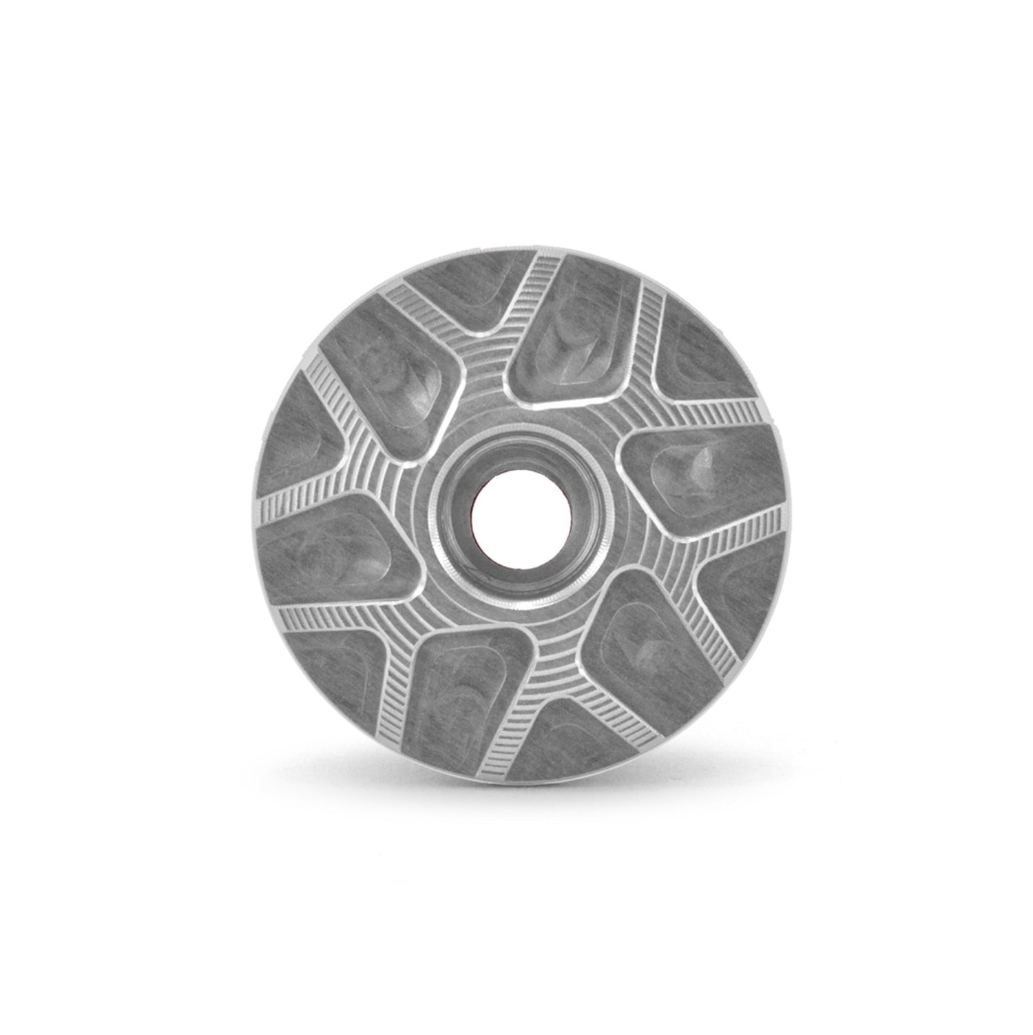 Garbaruk top cap in silver, showcasing CNC-machined detailing and precision-engineered finish