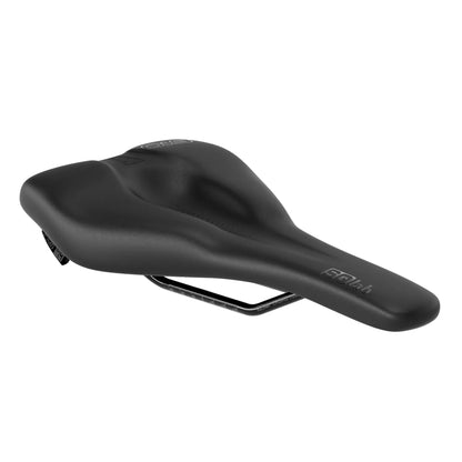 SQLab 610 Ergolux Active 2.1 saddle, angled view showing dual-step profile designed for touring and comfort riding