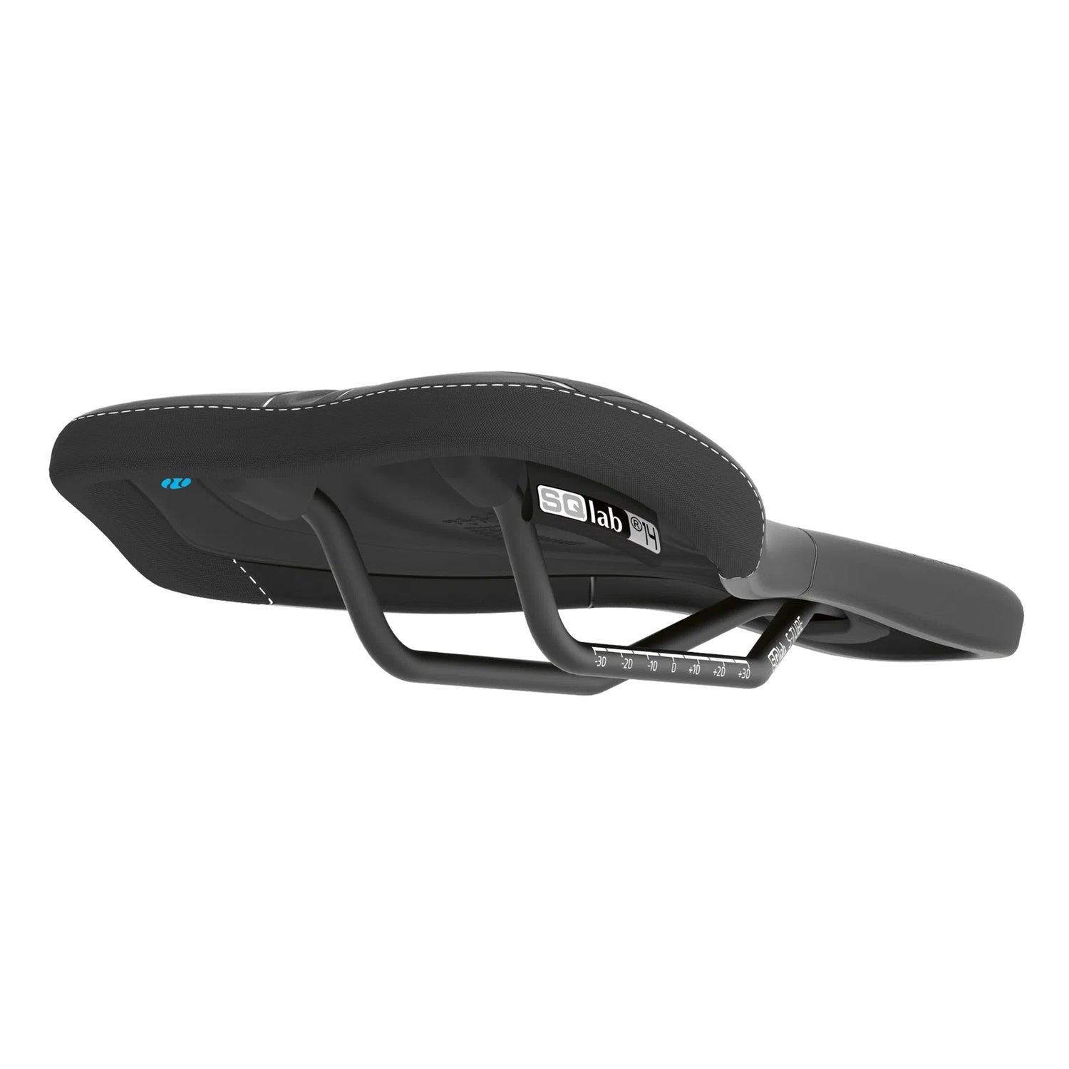 Angled underside view of SQLab 611 Ergowave saddle showing shell design and active technology elements