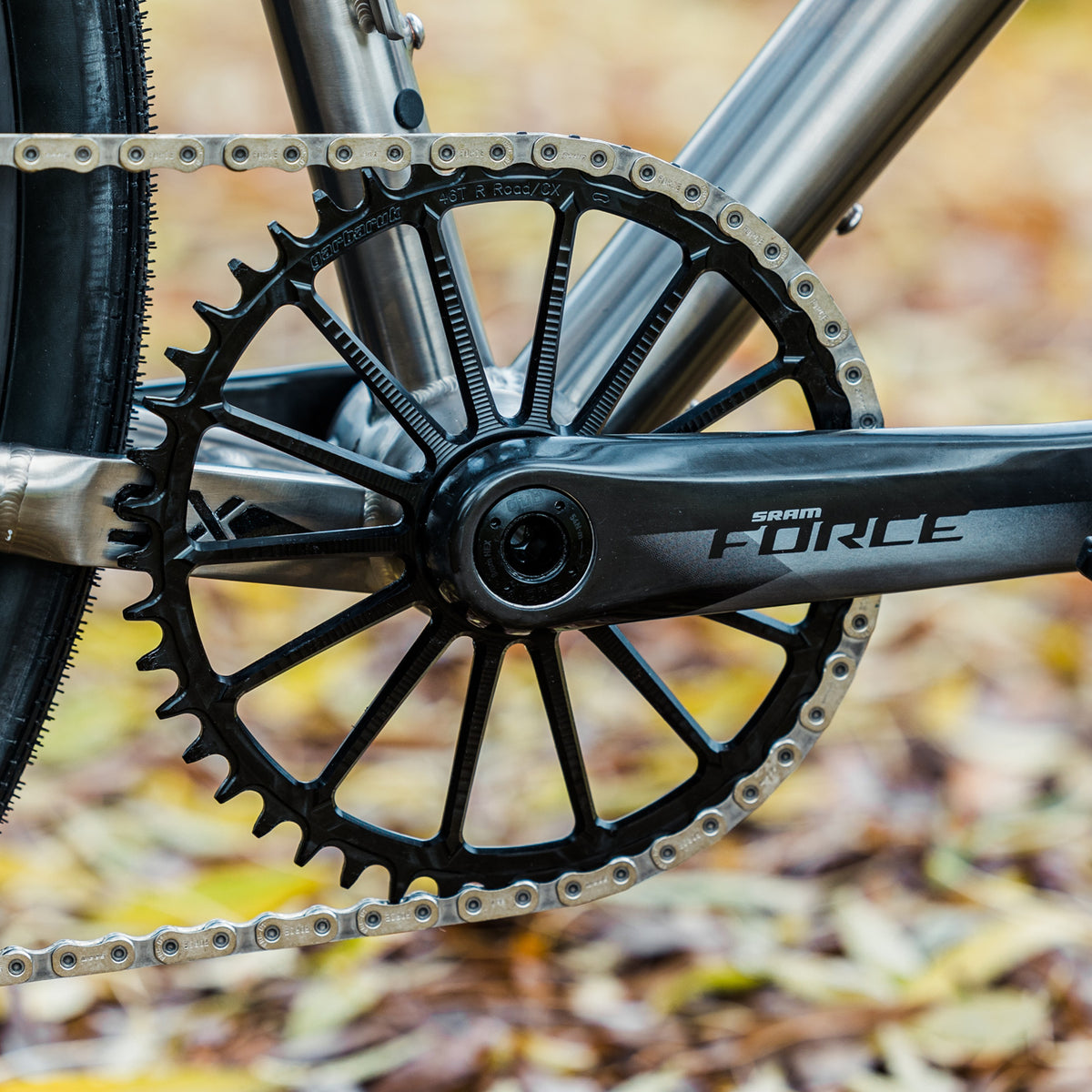Garbaruk SRAM 8-bolt DM Road chainring, fitted to a titanium gravel bike, in a leafy autumn setting