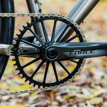 Garbaruk SRAM 8-bolt DM Road chainring, fitted to a titanium gravel bike, in a leafy autumn setting